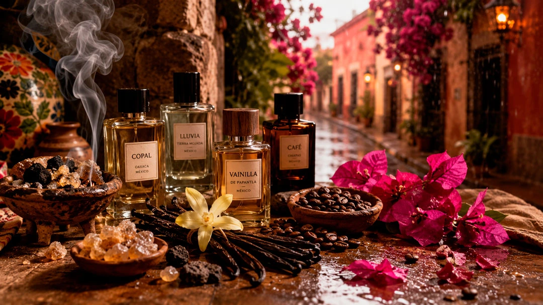 perfumes que huelen a México, aromas mexicanos, perfumes mexicanos artesanales, fragancias inspiradas en México, olor a tierra mojada, perfume de copal, perfume de vainilla mexicana, aromas de café mexicano, perfumes nicho mexicanos, fragancias con olor a lluvia, perfumes con bugambilia, perfumes inspirados en Oaxaca, esencias mexicanas tradicionales