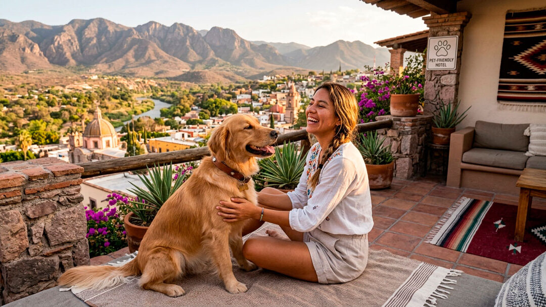 Turista on perro en Pueblo Mágico de México