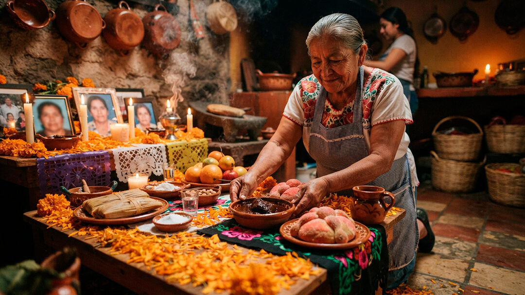 Mujer colocando comida en altar del Día de Muertos
