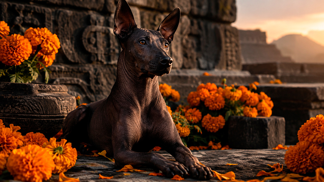 Xoloitzcuintli en campo de cempasuchil